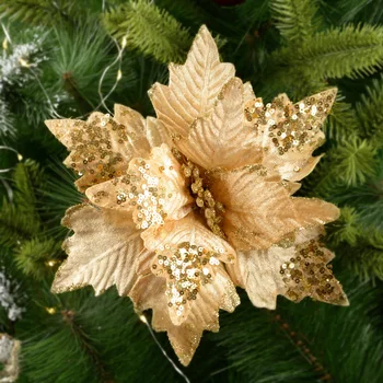 1-2Pcs 20/25cm Златни изкуствени коледни цветя Пайети блясък фалшив цвете коледно дърво украса коледно парти Новогодишен подарък