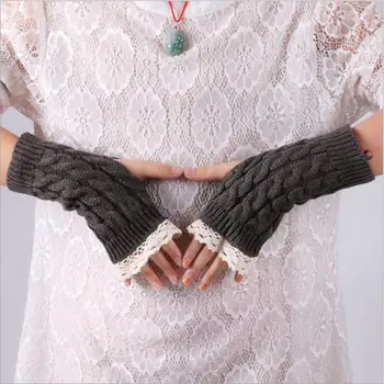 1 чифт половин пръст обрати дантелени ръкавици зимни топли плетени вълнени ръкавици за жените корейски прости сладки къси