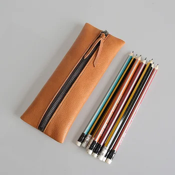 100% естествена кожа писалка чанта реколта ръчно изработени молив притежателя мъже жени деца дълъг цип случай чантата студент училищни пособия