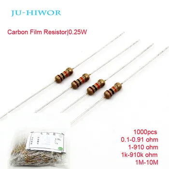 1000pcs Въглеродни филмови резистори 1/4 W Watt 0.25W 5% 0.1-0.91 1-910 1K-910K 1M-10M Ohm 100K 200K 300K 1M 10M 0 Ohm Diy резистор