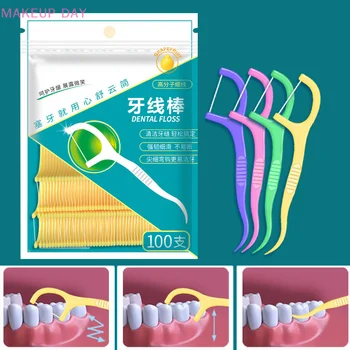100Pcs Зъбни конци стик клечки за зъби с конец ултра-фини зъби Flosser зъб мотика цип запечатване чанта