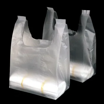  100pcs / партида рециклируеми бели пластмасови извършват чанти за съхранение, обикновен прозрачен супермаркет жилетка чанта с дръжка, домакински боклук чанта
