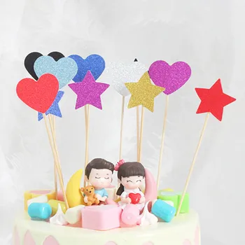 10Pcs/Pack Glitter Paper Cake Decora Baby Shower Decoration Party Insert Card Star/Heart Colorful Birthday Wedding Supplies
