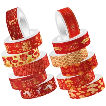 12 ролки Washi лента Китайска Нова година стил червен комплект 2024 пролетен фестивал ленти Diy етикет скрапбукинг дракон декор