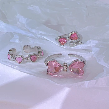 17KM Розови кристални пръстени Романтично сърце Bowknot лъскав пръстен за жени момичета пръстен Y2K аксесоари Мода Нова тенденция парти подаръци