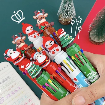 1PC Коледа 10-цветна химикалка студент натиснете писалка цвят писалка Дядо Коледа химикалка 0.5mm училище канцеларски детски подаръци