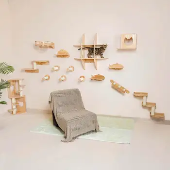 1Pc стенен монтаж котка дървени рафтове катерене скокове платформа и надраскване пост за котка проповядват и почивка котка стена мебели