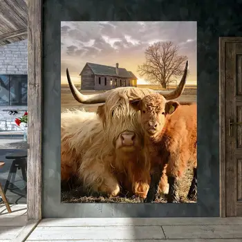 1pc Highland Cow Canvas Painting, Animal Print Canvas Wall Art Poster Farmhouse Painting Living Room Home Decor No Frame