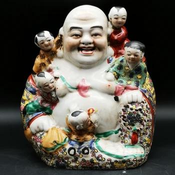 20.5 cm */ Деликатен китайски цветен порцелан Буда и прекрасни деца Благоприятна статуя статуя на Буда