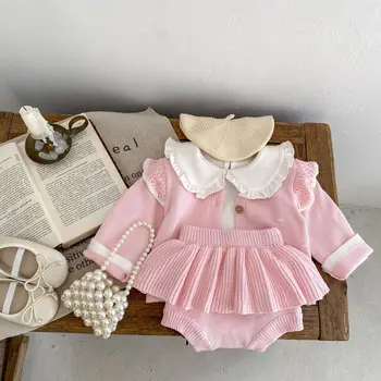 2023 Есен бебешки дрехи комплекти бебе момичета розов дълъг ръкав трикотажни любов жилетка палто къдрици Bloomer малко дете момиче пуловер костюм