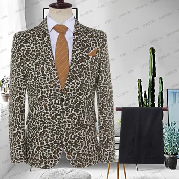 2023 Леопардови костюми Мъже Slim Fit Ежедневни ежедневни едноредни палта Pant Design Последни Пушене младоженец Blazer 2 броя Blazer + Trouse