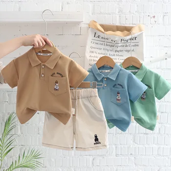 2023 Летни деца малко дете момче облекло комплект карикатура заек къс ръкав POLO риза памук шорти костюм бебе момче облекло комплект