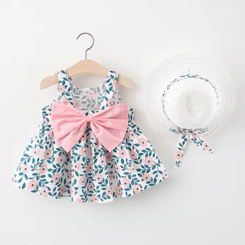 2023 Лятно новородено бебе момиче рокля мода случайни печатни принцеса Bowknot рокли за момичета 1-ви рожден ден рокля с шапка облекло