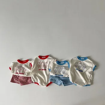2023 Лято ново бебе сладък сладолед печат дрехи комплект бебе момче къс ръкав T риза 2бр комплект памук бебе момиче карирани шорти комплект