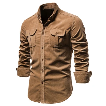 2023 Нова едноредна 100% памучна мъжка риза Бизнес ежедневна мода Плътен цвят кадифе Мъжки ризи Есенна тънка риза Мъже