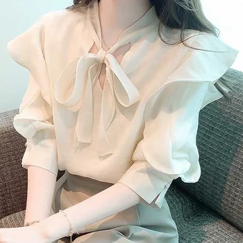 2023 Нова френска блуза от шифон жени лято сладък лък v-образно деколте дамски върхове половин бутер ръкав жени ризи ежедневни дрехи 27485