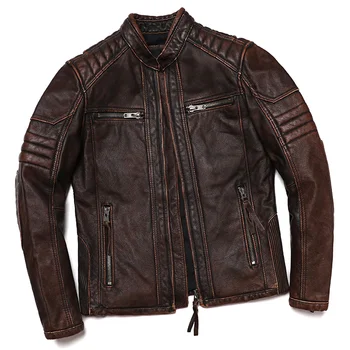 2023 Нови мотоциклетни якета мъже реколта кафяв стил кожено яке 100% истински телешка палто мъжки тънък Biker облекло 6XL