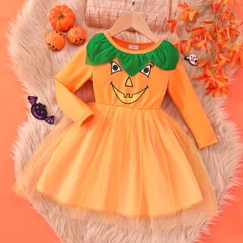 2023 Ново облекло за момичета Есенна мода Случайни Хелоуин рокля дълъг ръкав около врата Хелоуин окото рокля момиче облекло