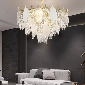 2023 Порцеланови листа Стъклени полилеи LED висящи лампи за таван Постмодерна луксозна домашна декорна светлина за блясък на хола