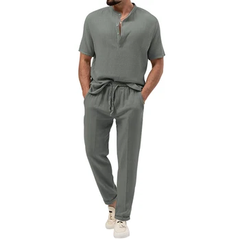 2023 Пролет/Лято Нова независима мъжка твърда ежедневна тениска Риза с къс ръкав Комплект дълги панталони Мода