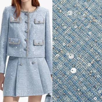 2024 New Misty Blue Sequins Tweed Fabric For Coat 트위드젤ツイード Tissu Au MÈTre Ткань Для Шиене От На Yard Tecido Stoff Плат Стоки