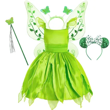 2024 Бебешки зелен костюм на фея Детски косплей карнавал Елегантна маскировка момичета принцеса конкурс дрехи парти рокля 3-10 години