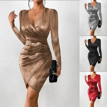 2024 Есен Зима Нова дамска секси обвивка мода V-образно деколте цепка плътен цвят рокля Daily All-match