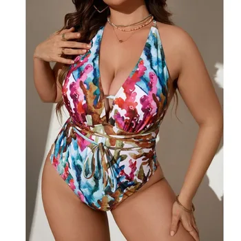 2024 Нови плюс размер секси едно парче бански женски флорални жени бански костюми натиснете нагоре бански костюми бодита плаж износване дълбоко v-образно деколте