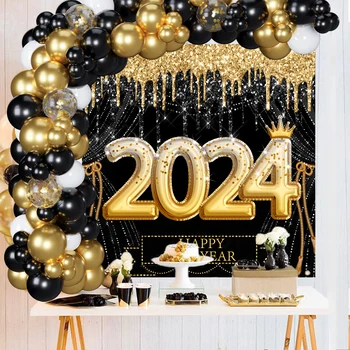 2024 Новогодишно парти Черно злато балон фон комплект Честита Нова година декорация фон Детски подаръци Коледно парти консумативи