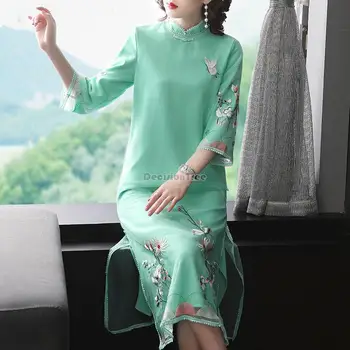 2024 пролет китайски традиционни qipao жени бродирани cheongsam шифон зелен шифон рокля флорални ориенталски парти рокля