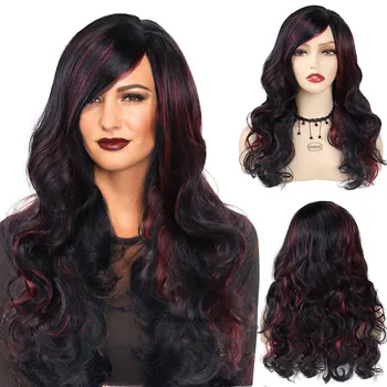 21 инча дълга голяма вълнообразна перука естествена синтетична коса черна смесена червена вълна на тялото перуки за жени топлоустойчиви влакна ежедневна употреба на парти