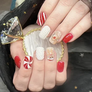 24Pcs Къс квадрат френски фалшиви нокти червени и джинджифилов човек сладък лосове дизайни фалшиви нокти пълно покритие лъскави акрилни нокти жени