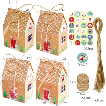 24pcs Коледа бонбони кутия къща форма Коледа подарък кутия Коледа бисквитка чанта опаковъчни кутии с въжета Ноел Натале Навидад 2023