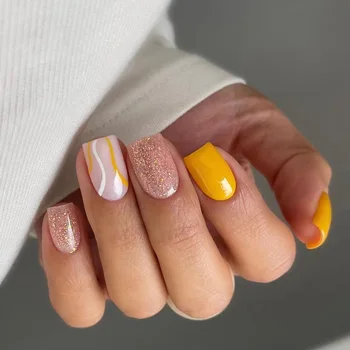24pcs фалшиви нокти за момиче френски жълт прост вълна блясък нокти кръпка кратко фалшиви нокти подобрител на едро лято дизайн нокти