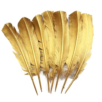 25-30cm злато потопени пръскани естествени пера от пуйка за декор DIY занаяти
