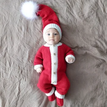 2PCS Новородено фото реквизит Празничен коледен костюм плета Санта шапка гащеризон фотозаснемане дрехи бебе фотография облекло