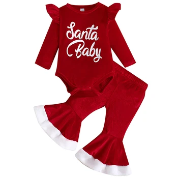 2Piece есен зима Коледа новородени момичета дрехи сладък руно писмо дълъг ръкав червено боди + разкроени панталони бебе облекло BC2478