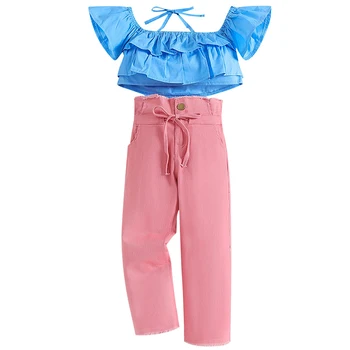2Piece комплект летни детски дрехи момиче облекло корейски стил мода пеперуда ръкав памук бебе върховете + дънки малко дете облекло BC676