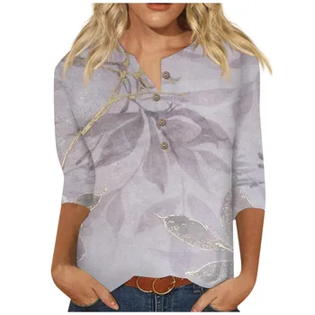 3/4 ръкав ризи за жени сладък печат графични тройници блузи бутон случайни плюс размер основни върхове пуловер blusa mujer moda 2023
