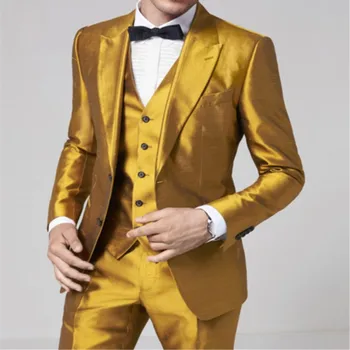 3 Piece Последни палто Pant дизайни злато сатен мъже костюм официален кльощава сцена нетактичност лъскав абитуриентски стил смокинг обичай яке Pant Terno