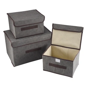 3 пакет сгъваеми кутии за съхранение с капаци, органайзер за кошница за съхранение на тъкани за гардероб, килер, рафт (сив)