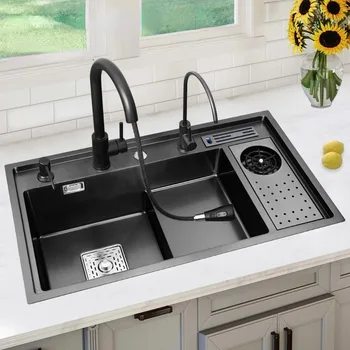 304 Черна кухненска мивка от неръждаема стомана с голяма единична купа и подвижен дренаж