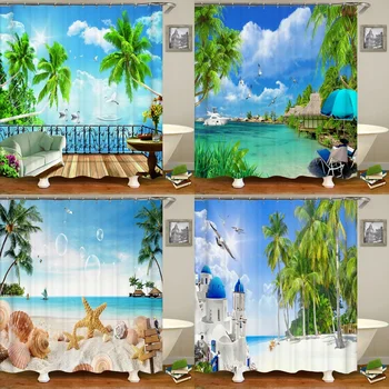 3D печат Sunshine Beach палмови дървета баня душ завеса морски пейзаж декорация дома декорация водоустойчива завеса за баня с кука