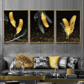 3pcs Златно перо черно стена изкуство платно отпечатъци хол абстрактни плакати за дома стена декоративни картини