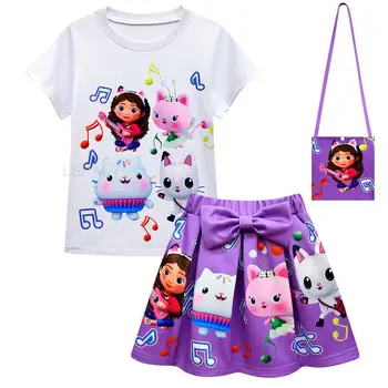 3бр/комплект Габи котки детски дрехи момичета комплекти лято Куклена къща на Габи тениска + лък карикатура пола + чанта детски облекло костюм