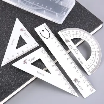 4Pcs/Set Измерване Инструменти за рисуване Ученически консумативи Квадратен триъгълник Математика Геометрия Инструмент Канцеларски материали Линийки Сантиметър Транспортир