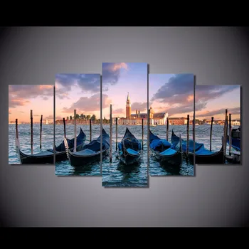 5 Панели Венеция Пейзаж Плакати Без рамка Градски пейзажи Платно Принтове Стенно изкуство за хол Лодка Залез Декоративни картини