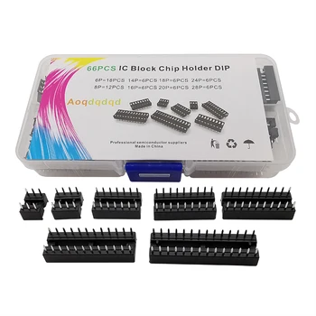 66Pcs/box 2.54 mm Pitch DIP IC Socket Асортимент комплект 6P/8/14/16/18/18/20/24/28 Pin IC гнезда Конектор за адаптер тип спойка
