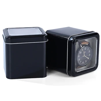 8CM квадратен черен часовник организатор кутия шоу притежател ламарина може метал запечатани бижута подарък кутия дисплей случай с възглавница