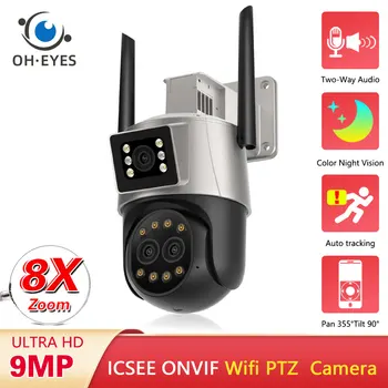 9MP 4K Wifi външна камера Три обектива Двоен екран 8X цифрово увеличение Камера за наблюдение Нощно виждане Защита на сигурността ICSEE Cam